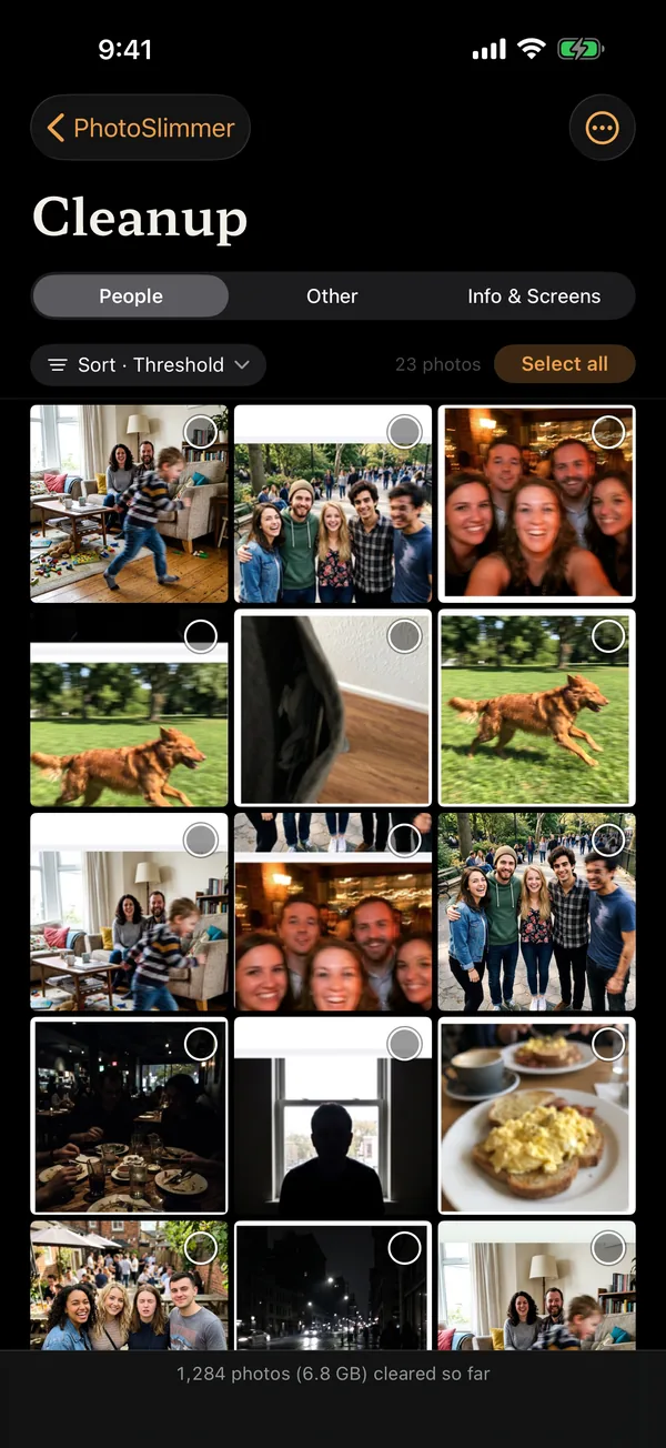Přehled fotek k promazání v aplikaci PhotoSlimmer, seskupených podle kategorií